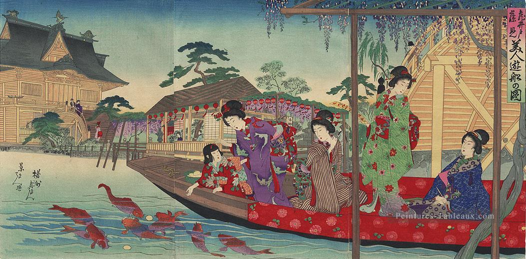 Une scène de femmes appréciant une promenade en bateau en face du sanctuaire de Kameido Tenjin Toyohara Chikanobu Peintures à l'huile